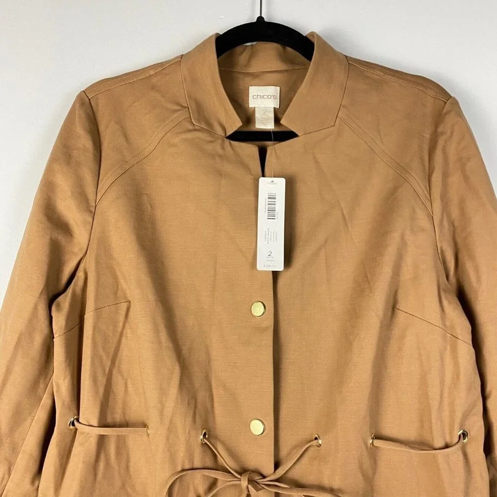 Chicos Drawstring Duster Jacket Womens 2P US PL Brown Sugar Snap Button Pockets - Picture 2 of 10